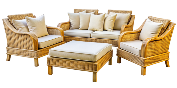 Outdoor garden rattan straw couches armchairs cutouts double seat sofas isolated on transparent background