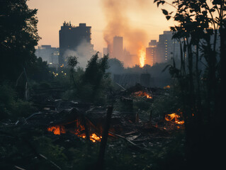 city landscape destroyed by war and fire, buildings destroyed and charred