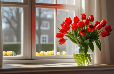 A beautiful spring bouquet of red tulips in a glass vase stands on a windowsill against the background of a window. Spring sunny day - obrazy, fototapety, plakaty