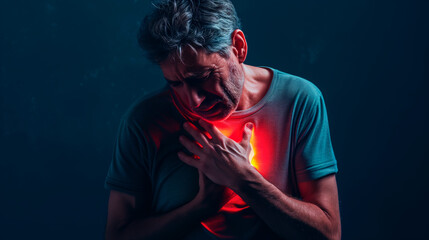 A man clutching chest in pain, concept of heart attack.
