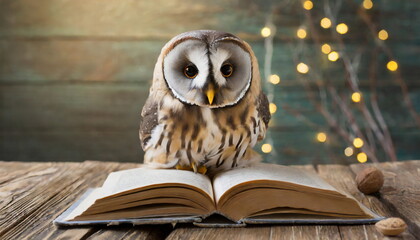 Owl sitting behind an opened book lying on wooden table