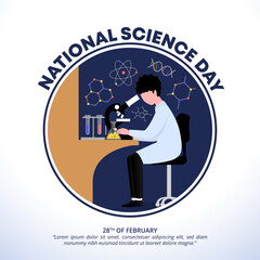 Square National Science Day background with a scientist researching