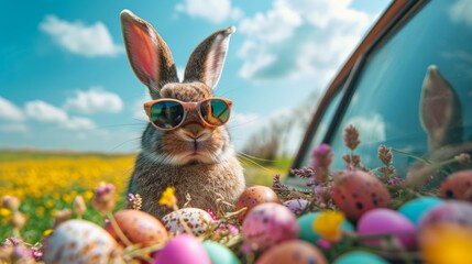 Cute Easter Bunny with Sunglasses in Easter Egg-Filled Car - AI Generated