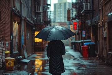 A person standing in the rain, holding an umbrella. Suitable for weather-related designs and concepts