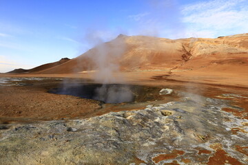 Hverarönd is a hydrothermal site in Iceland with hot springs, fumaroles, mud ponds and very active solfatares. It is located in the north of Iceland