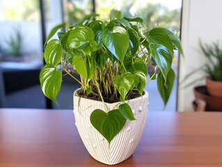 philodendron heart leaf in a pot on the table for restaurant decorative flowers