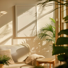 Blank white poster frame mock up template, living room interior in fusion style with white sofa, white walls and green plants. Play of light and shadow