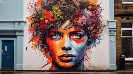 Vibrant street art mural of a woman's face on urban building wall