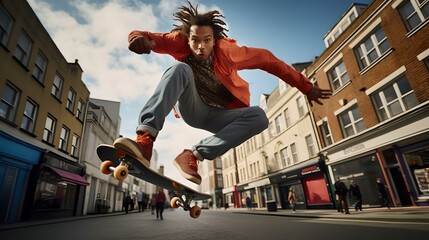 Urban skateboarder performing dynamic mid-air trick on city street - obrazy, fototapety, plakaty