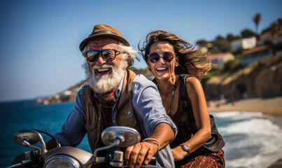 Retired Happy Couple on a Mediterranean Vacation, Riding Scooter