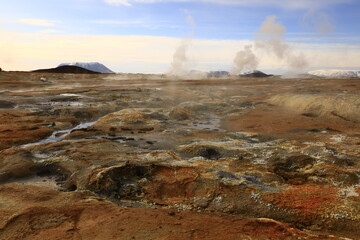 Hverarönd is a hydrothermal site in Iceland with hot springs, fumaroles, mud ponds and very active solfatares. It is located in the north of Iceland