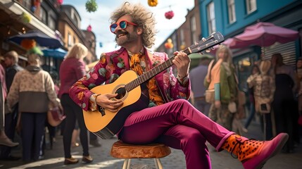 Colorful street performer playing guitar in a vibrant city scene