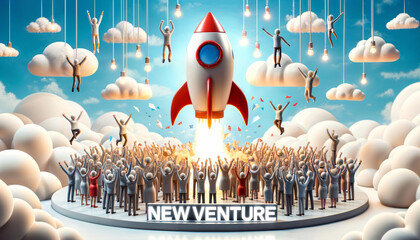 Rocket launching from a platform filled with cheering diverse figures. NEW VENTURE representing a startup taking off with great enthusiasm and support.