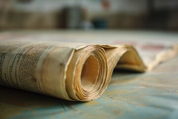 A rolled up newspaper sitting on top of a table. Can be used to illustrate news, journalism, or reading materials. - obrazy, fototapety, plakaty
