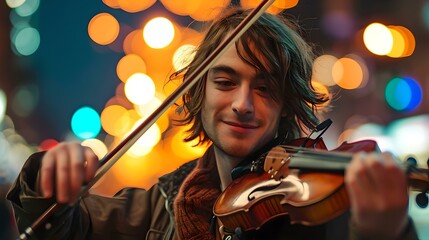 Smiling violinist playing instrument with warm bokeh lights background