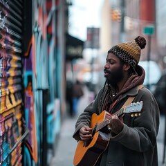 Urban street musician playing guitar by colorful graffiti - capturing the soul of the city
