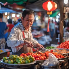 Vendor at night market selecting fresh tomatoes under red lantern