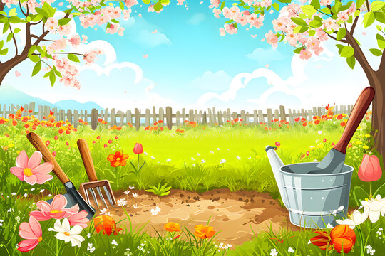 Spring landscape with garden tools.