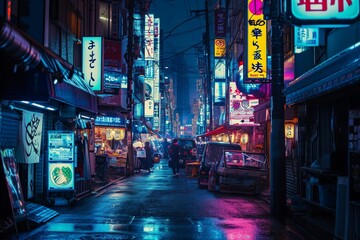 Fototapeta na wymiar A night of the neon street at the downtown in Shinjuku Tokyo wide shot