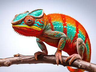 Obraz premium Pantherchamäleon (Furcifer pardalis), freigestellt vor neutralem Hintergrund, Generative AI