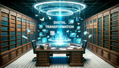 Classic office environment morphing into a futuristic digital workspace. Traditional files and papers transform into holographic screens and data streams. Digital Transformation, shift from old to new