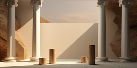 ed Greek Doric pillars display goods, products, and museum expansions on an abstract natural background with shadowed walls. - obrazy, fototapety, plakaty