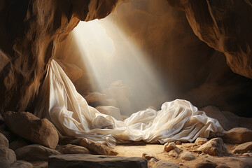 Resurrection of Jesus Christ, empty grave tomb with shroud, bible story of Easter, crucifixion at sunrise, palm sunday
