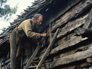 Old soviet man repairing wooden house, house in underdeveloped village