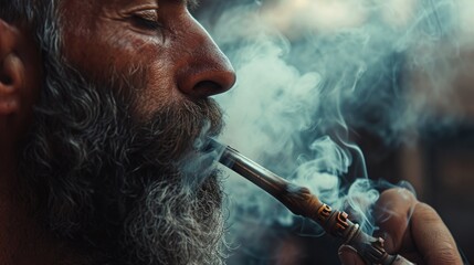 A man with a beard is seen smoking a cigarette. This image can be used to depict smoking, addiction, relaxation, or lifestyle choices