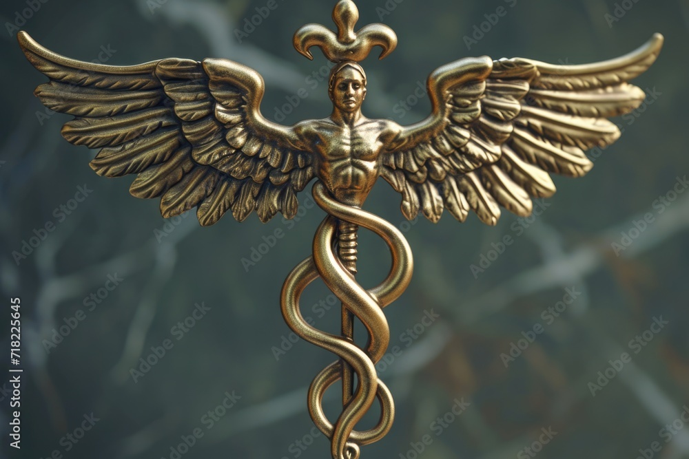 Poster a golden statue of a snake with wings. perfect for adding a touch of elegance and mystique to any se