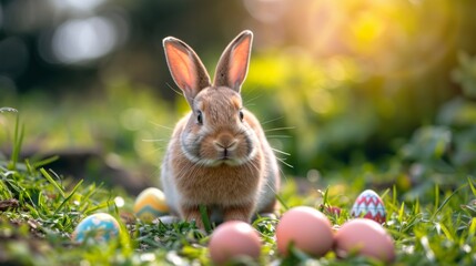 Fototapeta na wymiar Easter Bunny and Eggs in a Colorful Spring Scene - AI Generated