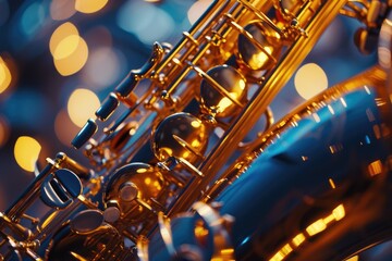 A close-up view of a saxophone with vibrant lights in the background. Perfect for music-related...