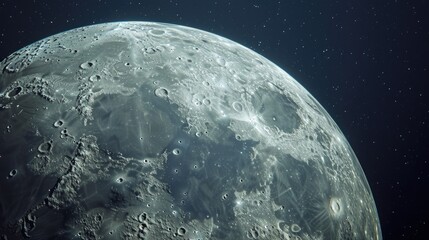 Close up view of the moon with stars in the background. Perfect for astronomy enthusiasts or space-themed designs
