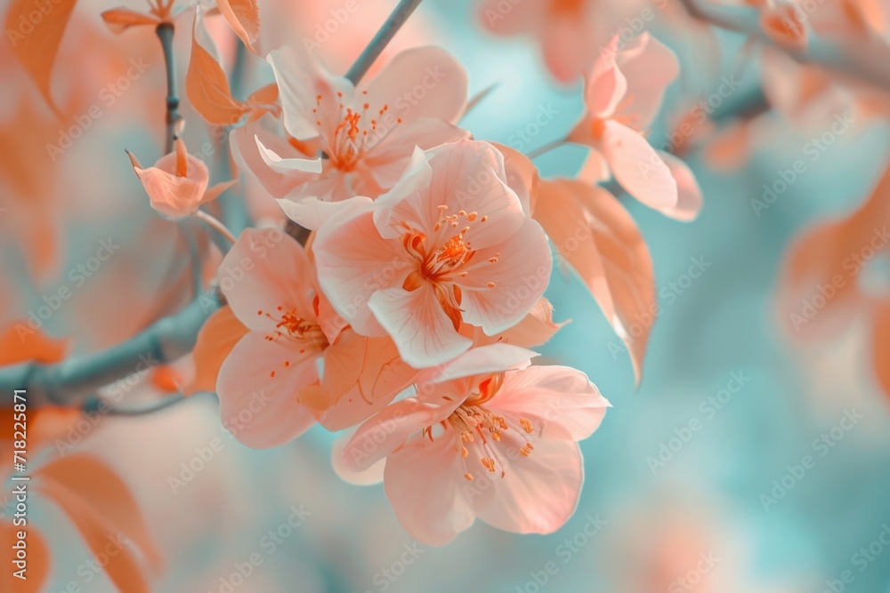 Poster a close-up view of a bunch of flowers growing on a tree. this image can be used to enhance any natur