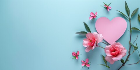 A delicate paper heart is surrounded by beautiful pink flowers on a serene blue background. 