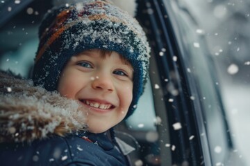 A little boy with a cheerful smile sitting in a car surrounded by snow. Perfect for winter-themed projects or family-related designs