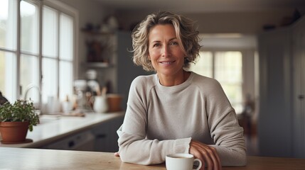 Smiling middle aged woman sitting in  kitchen at home.