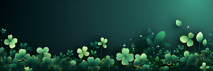 Card template with empty space for St. Patrick's Day with green four and clover on green background, with gold splashes for party invitation design. Banner. - obrazy, fototapety, plakaty