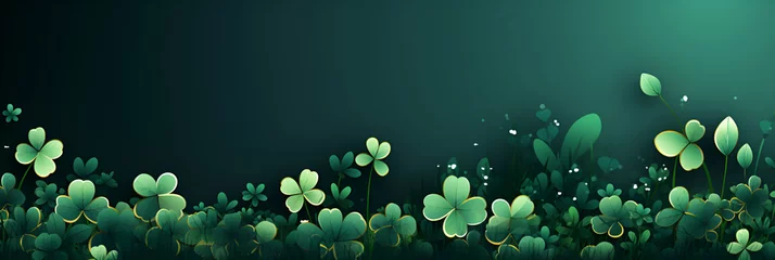 Foto op Plexiglas Card template with empty space for St. Patrick's Day with green four and clover on green background, with gold splashes for party invitation design. Banner. © Мария Фадеева