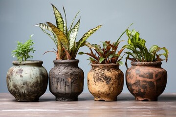 Four green plants Pots With Some Dirt In Them