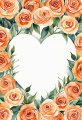 Orange roses watercolor card with heart shaped copy space