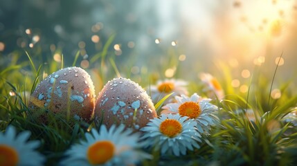 Obraz na płótnie Canvas Colorful Easter Eggs Among Spring Flowers - AI Generated