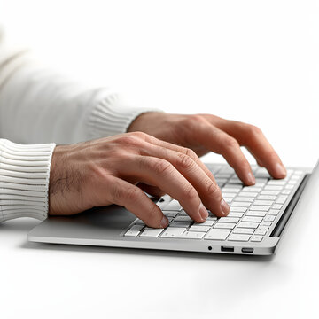 Hand typing on a laptop keyboard isolated on white background, photo, png
