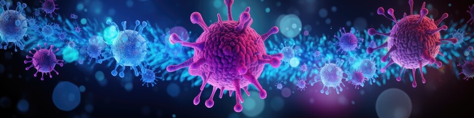 Coronavirus Covid 19 Pandemic Banner with Image of Flu Virus Cell Spreading in Epidemic Outbreak - obrazy, fototapety, plakaty