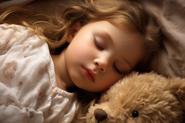 Beautiful Young Girl Sleeping Peacefully On Her Bed. Cute Child Dreaming In Her Sleep - Childhood
