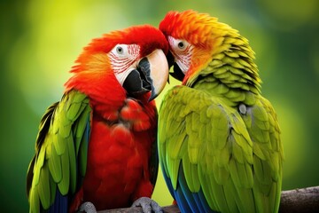 Fototapeta premium Romantic Love Bird. Colorful Parrot in Tropical Setting with Red Beak as Symbol of Pet Love