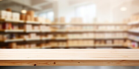 Obraz na płótnie Canvas Unoccupied wooden table on supermarket shelf, blurry surroundings.