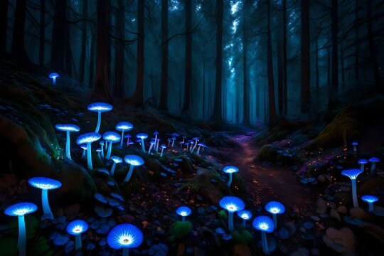 Bioluminous flowers with mushrooms nestled in a secluded, mystical garden