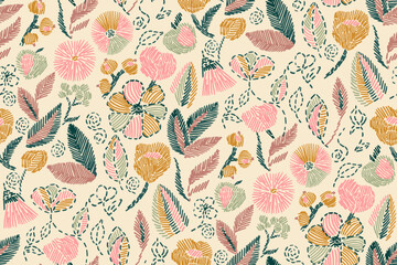 Floral blooming romantic feminine seamless pattern with imitation of satin stitch embroidery.