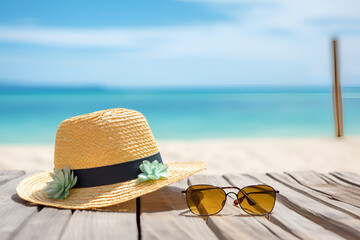 Straw hat with a exotic cocktail and sunglasses on sand beach